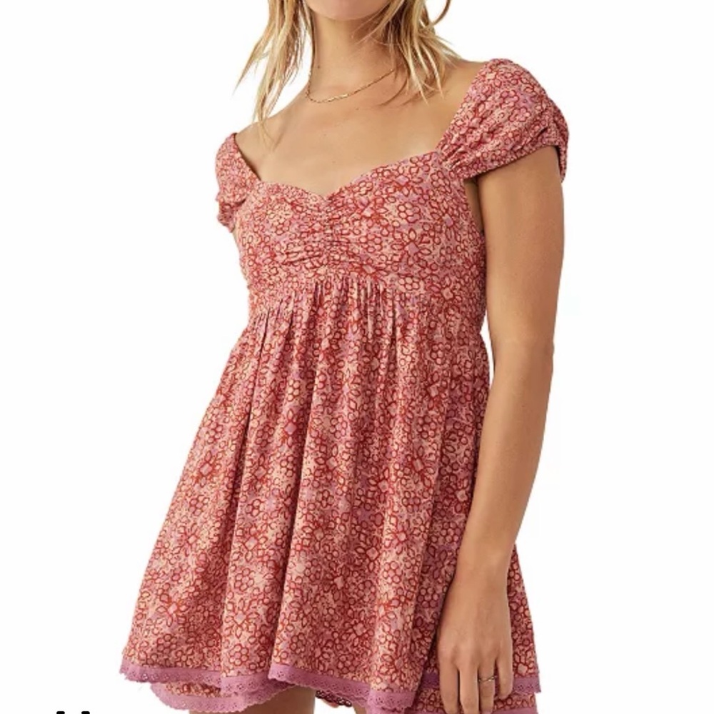 Free People Rose-Pink Floral Puff Sleeve Babydoll Mini Dress